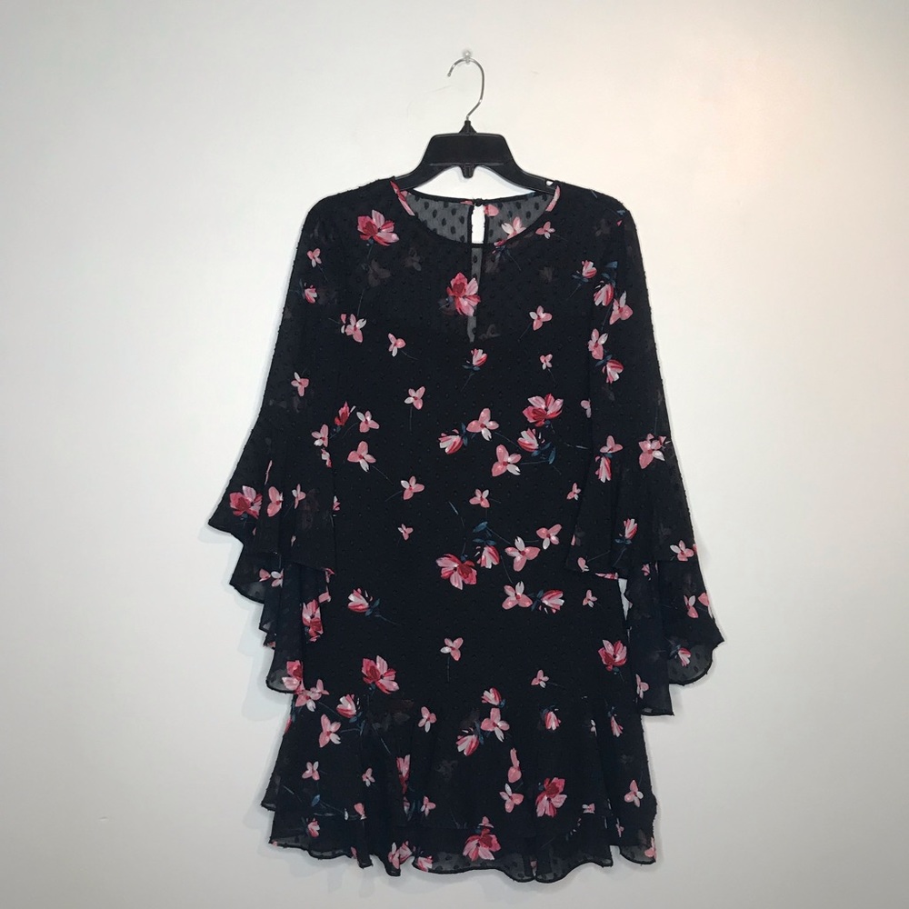Eliza J Black Floral Long Sleeve Dress with Pink Flowers
